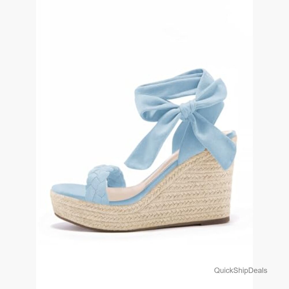 Suede Espadrille Wedge Sandals with Braid and Lace Up Ankle Strap - Picture 5 of 6